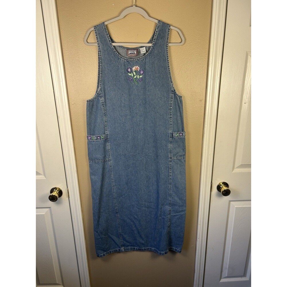 Denim Midi Jumper Dress with Floral Embroidery - Blue